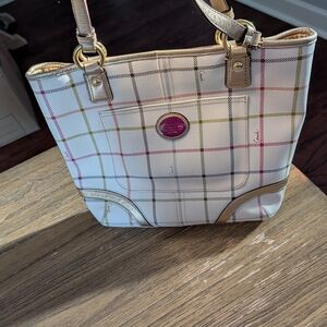 Coach White Plaid Tote with Pink Logo and Multicolor Stripes